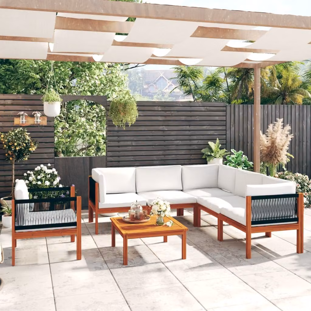 The Living Store Set da giardino 7 pezzi con cuscini in legno massiccio di acacia bianco crema