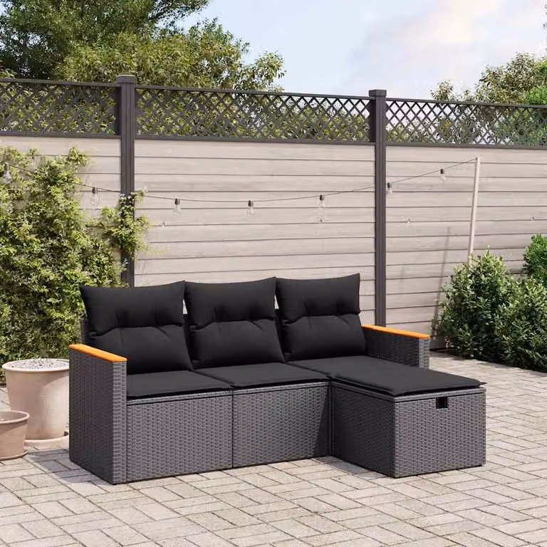 vidaXL Set Divani da Giardino a L con Cuscini Nero in Polyrattan e Struttura in Acciaio