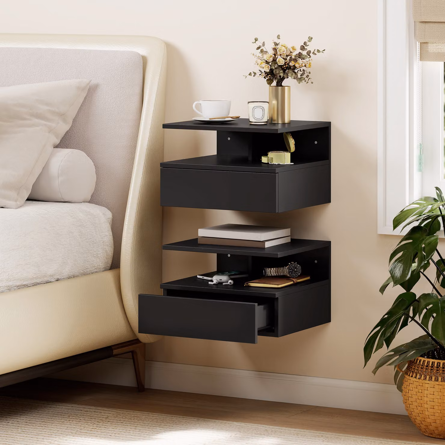 Set di 2 Comodini Sospesi HOMCOM con Cassetto e Mensola Aperta, Nero, L 35 cm x P 32 cm x H 22,5 cm – 2