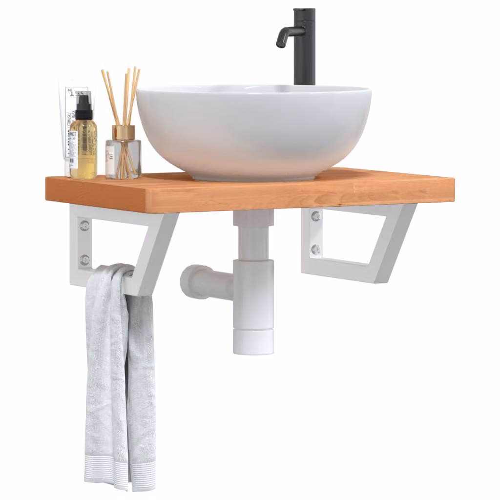 vidaXL Ripiano a Parete per Lavabo in Legno di Faggio e Metallo, Bianco e Marrone, L: 60 cm, P: 40 cm, H: 19 cm