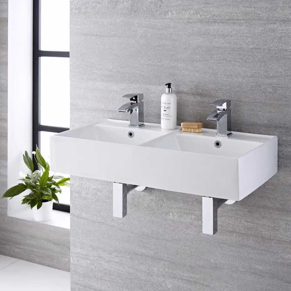 Lavabo Doble Moderno para Sobre Encimera Bianco - 820mm x 420mm con Anello di Troppopieno Negro - Halwell