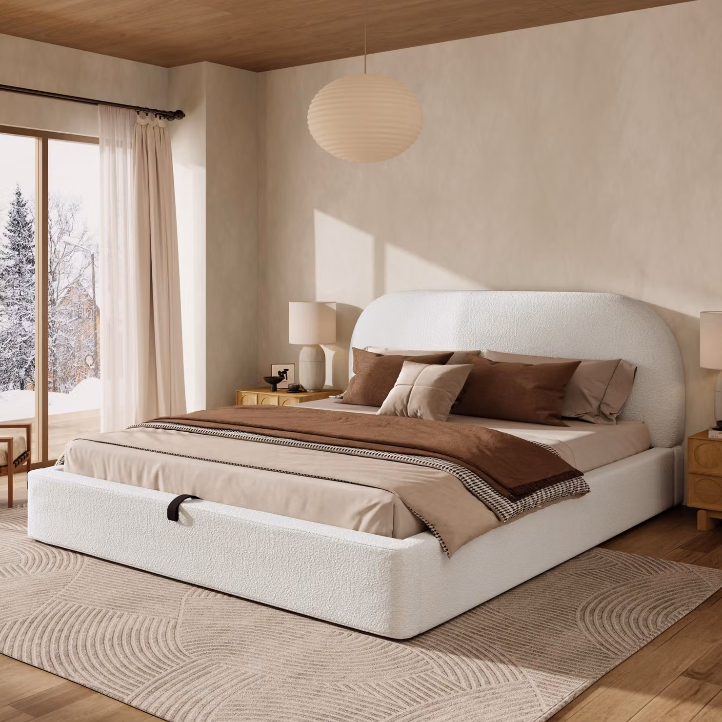 letto imbottito okwish 180x200cm letto matrimoniale con rete e sistema di archiviazione, letto per ragazzi con angoli arrotondati all'estremità della testa e dei piedi, struttura del letto con doghe, beige (senza materasso)