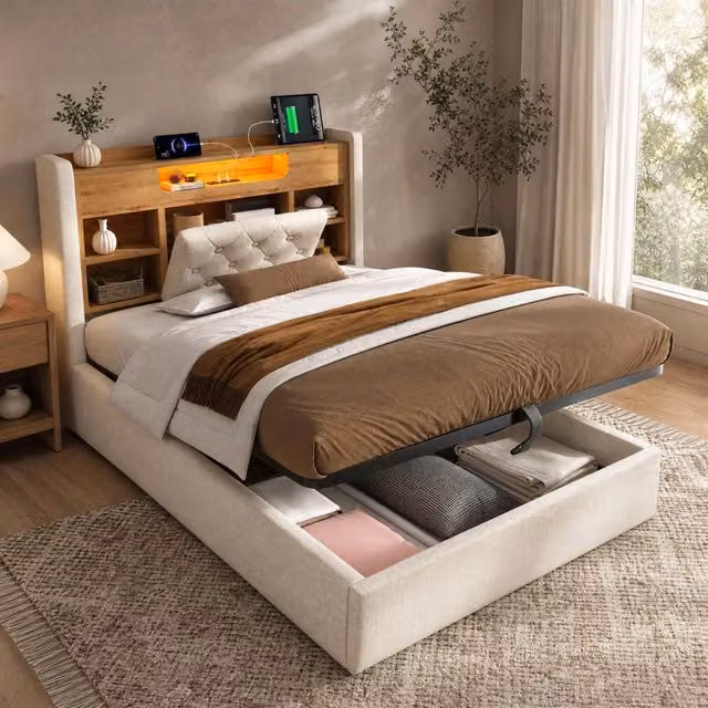 Letto 90x200 cm beige con vano idraulico, LED, USB/USB-C e testiera con ripiani
