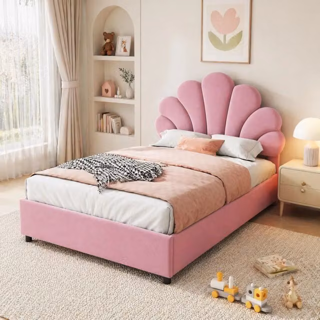 Letto imbottito contenitore 90x200 cm con testiera floreale e meccanismo idraulico; velluto rosa