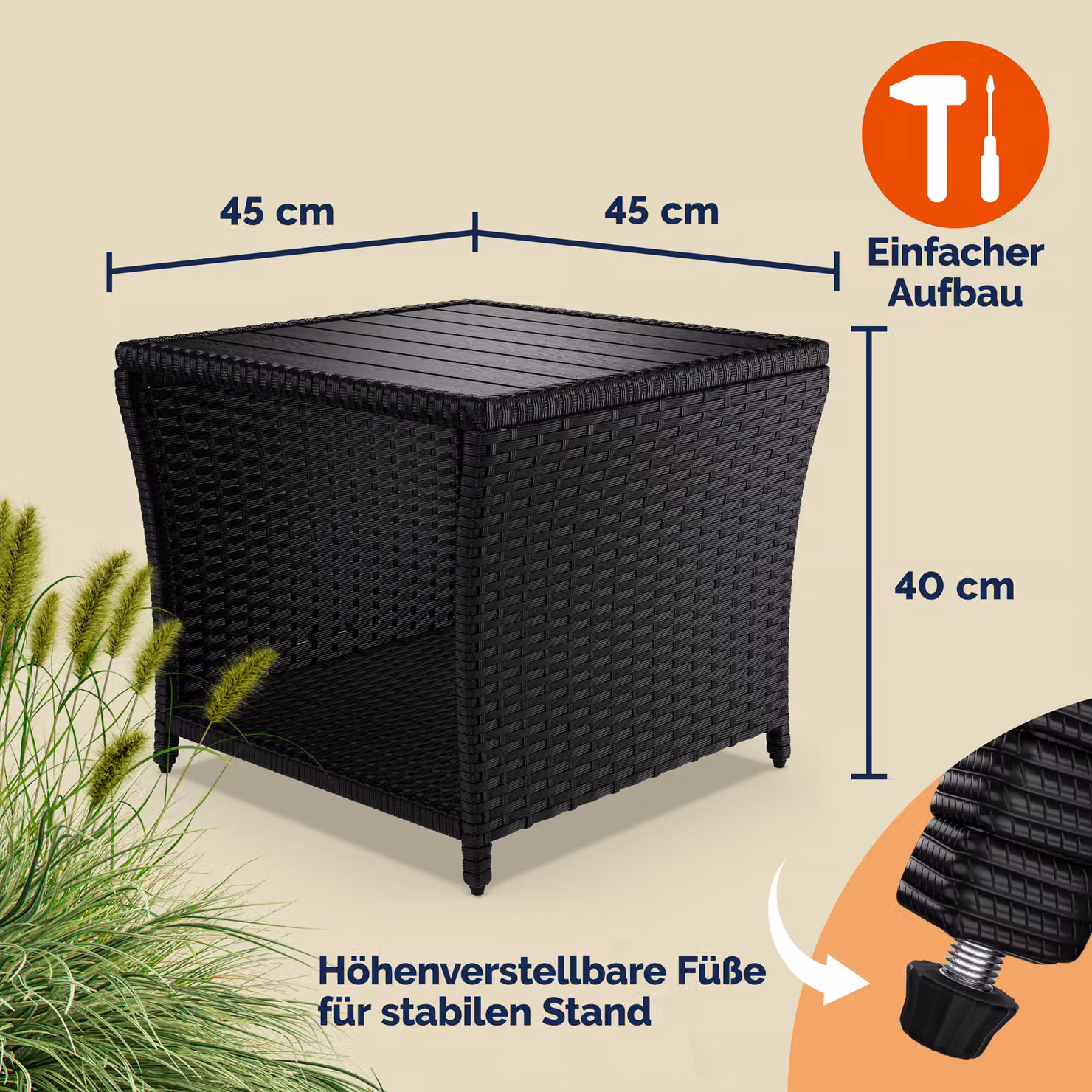 Tavolino da giardino moderno CASARIA in polyrattan nero con altezza regolabile L/P/H: 45 x 45 x 40 cm – 3
