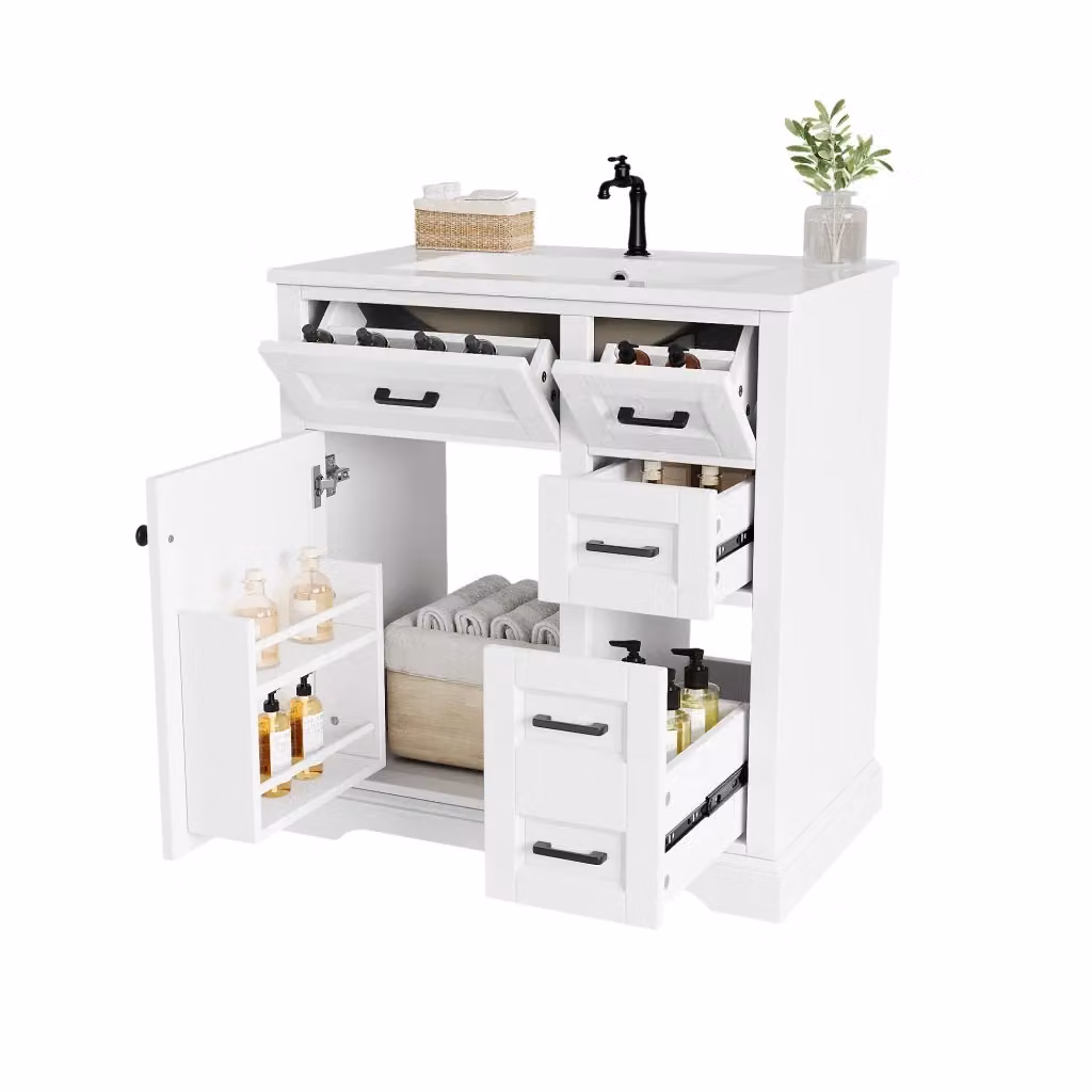 Mobile Sottolavabo Minimal con Lavabo Integrato in Ceramica Bianco Laccato con Chiusura Soft Close L/P/H: 76 x 47 x 82 cm – 2