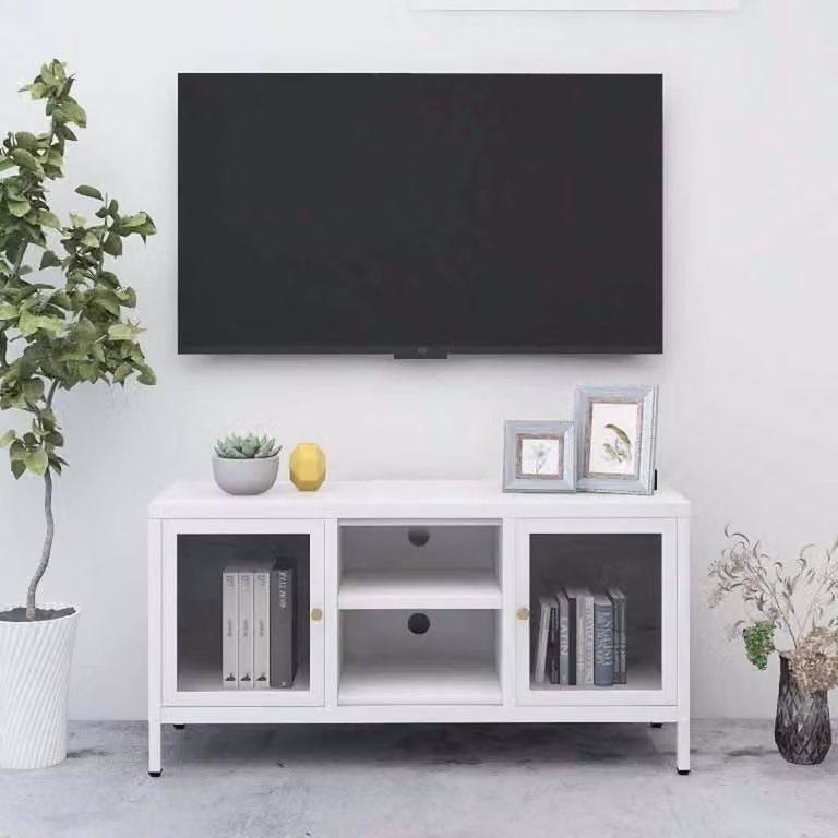 Mobile TV vidaXL Bianco in Acciaio, Vetro e MDF, L 105 cm x P 35 cm x H 52 cm