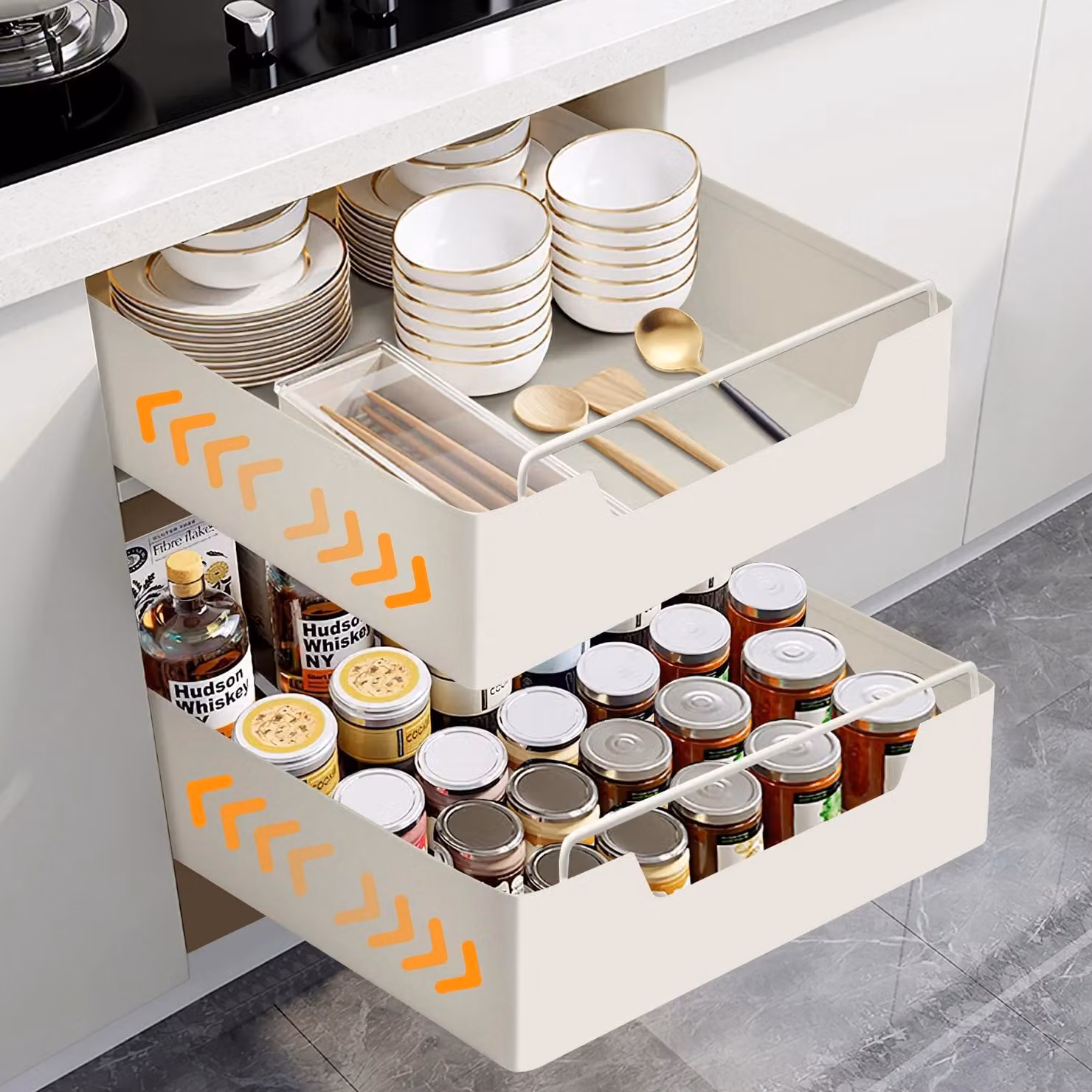 Organizzazione della cucina - Scaffali estraibili - Confezione da 2 - Impilabili - Dimensione regolabile - Plastica - Ideali per spezie e armadietti da cucina