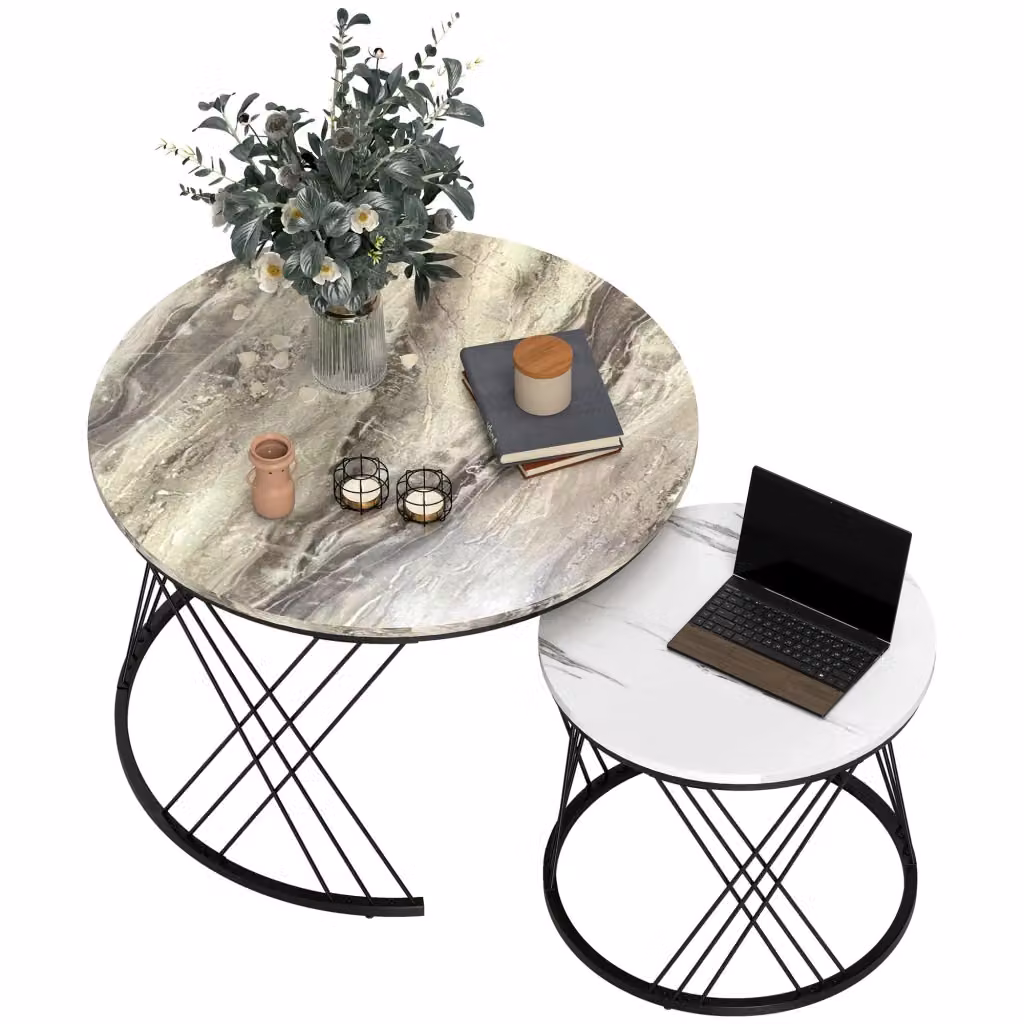 Set di 2 tavolini da caffè impilabili Xylo rotondi con effetto marmo nei colori grigio e bianco – 2