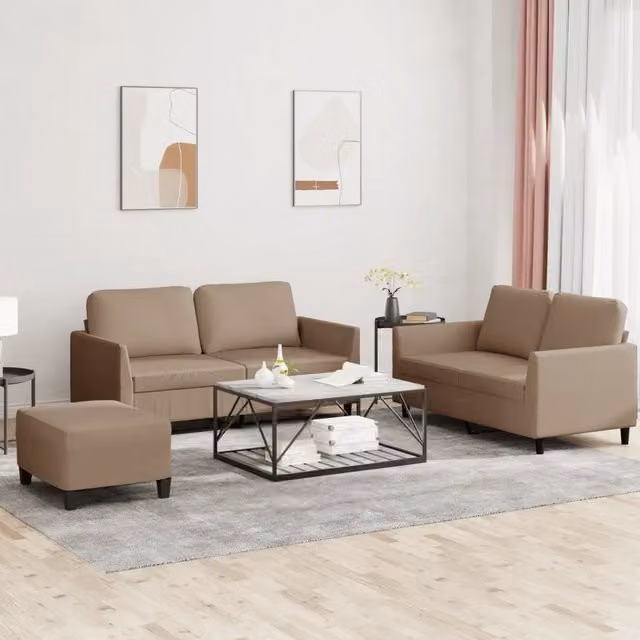 Set di divani moderno vidaXL in similpelle beige composto da divano a 2 posti, divano a 3 posti e pouf con cuscini inclusi