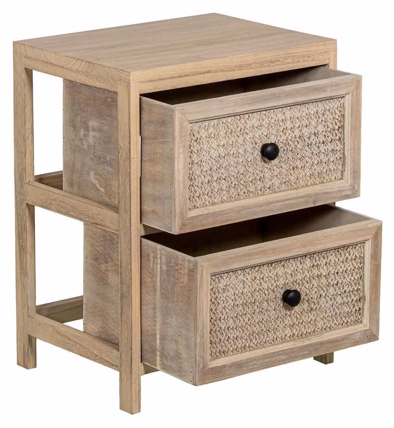 Comodino marrone con superficie in rattan