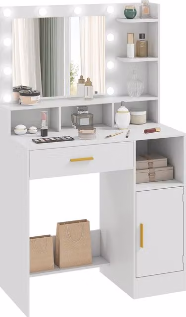 Coiffeuse HOMCOM con specchio e 10 luci LED regolabili, cassetto, armadietto e mensole aperte, bianco, L 80 cm x P 40 cm x H 135 cm – 1