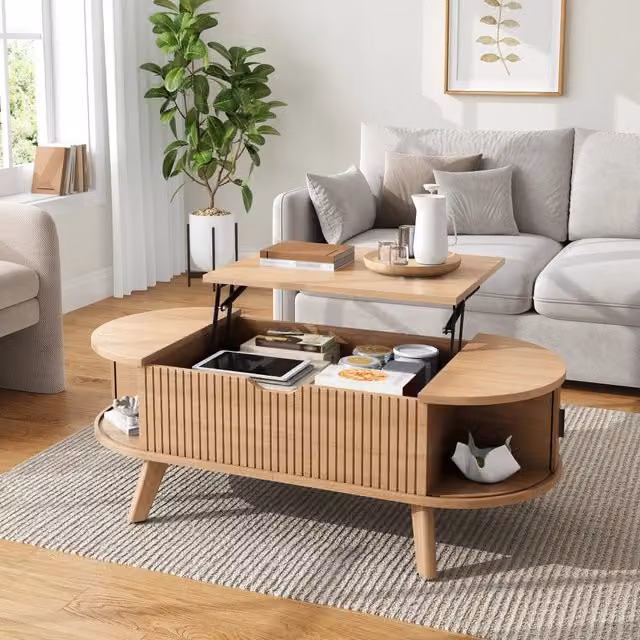 Tavolino da salotto ovale con piano sollevabile idraulico e ante scorrevoli; 110x50x53;5 cm naturale