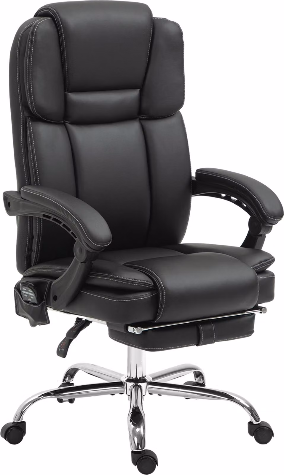 Sedia da ufficio Fortuna Lai con massaggio vibrante, sedia da scrivania ergonomica con funzione riscaldamento e reclinabile, poltrona direzionale regolabile in altezza con poggiapiedi, tasca laterale, ecopelle, nera