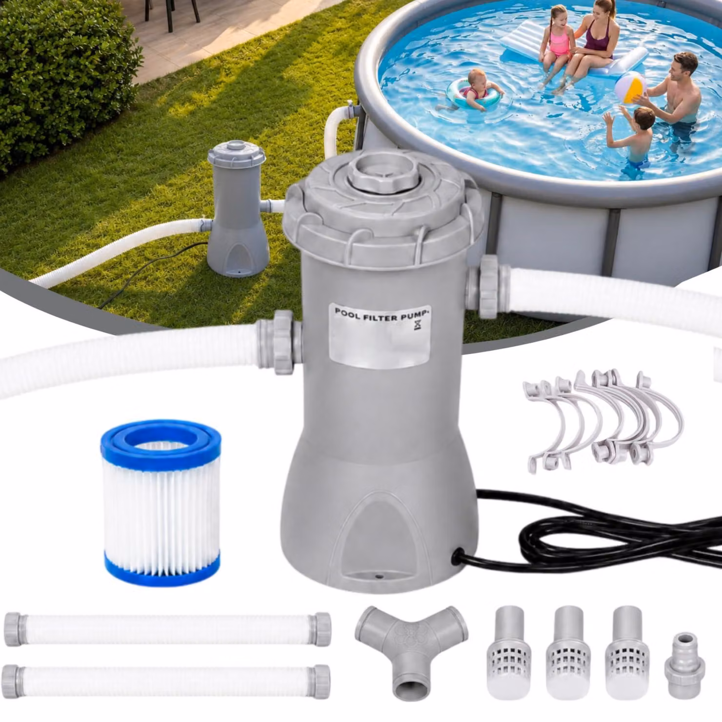 Pompa per piscina, 1000 GPH - 80 Watt - Attacco da 32 mm - Materiale: plastica ABS