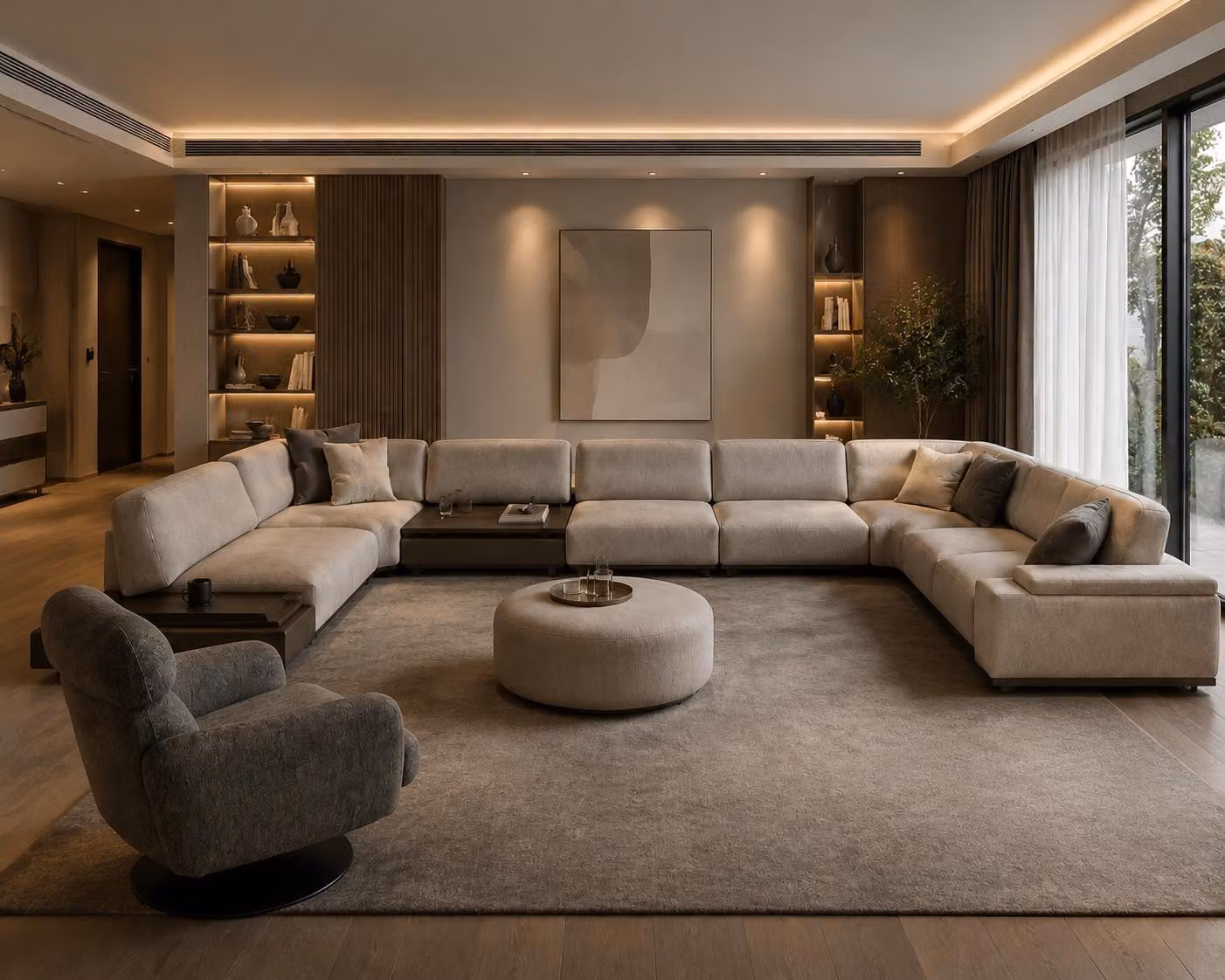 Set di divano beige elegante per soggiorno, composto da divano angolare, poltrona e poggiapiedi, 3 pezzi