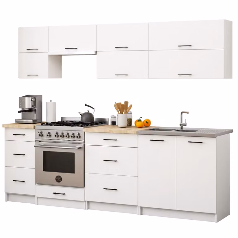 Set da cucina: sei cassetti, dieci ante, nove ripiani, colore: bianco