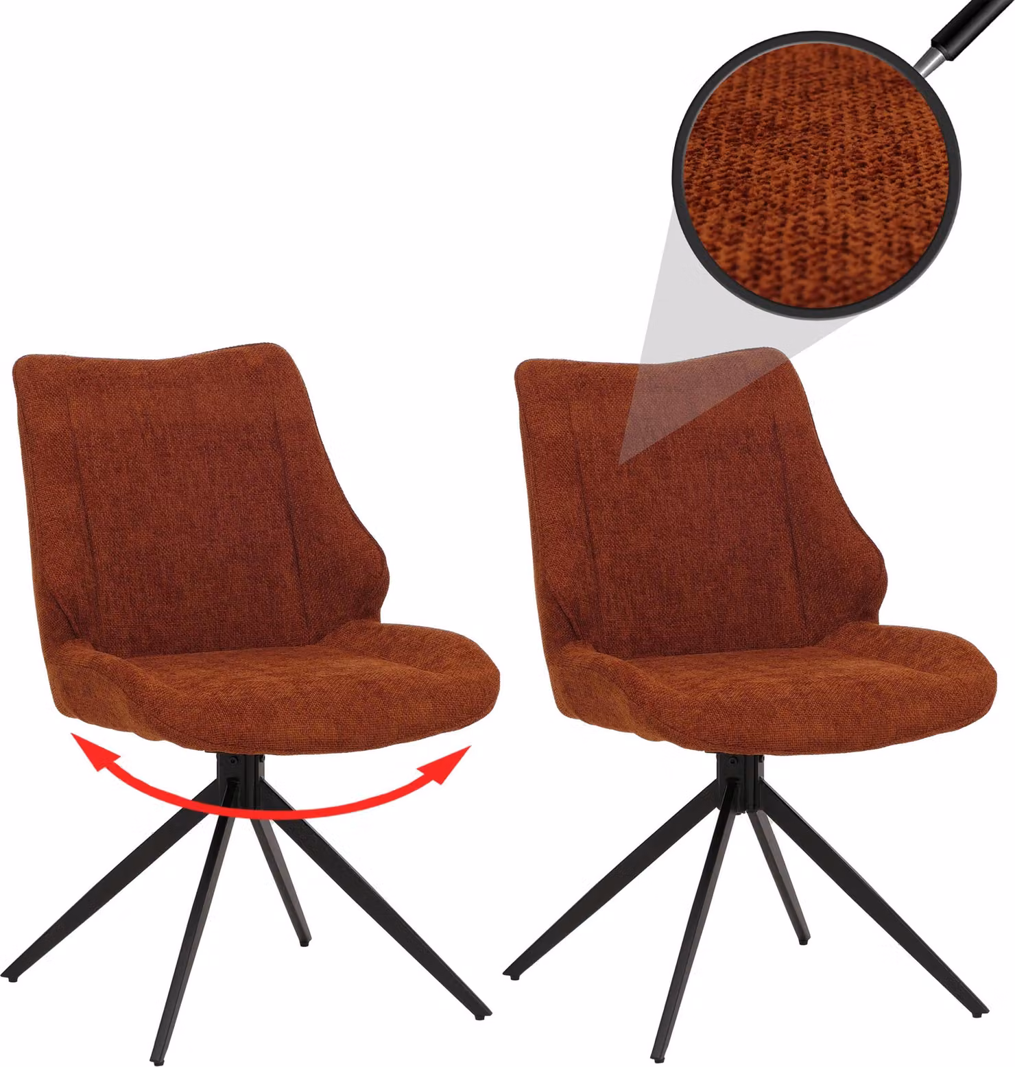 Set di 2 sedie da pranzo HWC-O48, sedie da cucina, girevoli con sistema di ritorno automatico, rivestite in tessuto chenille (320g/m²), colore rosso-marrone