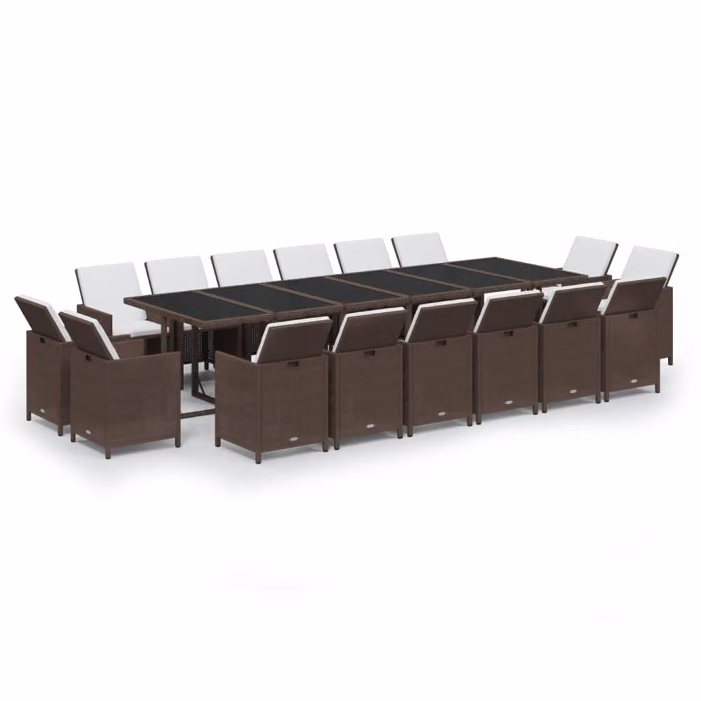 Set da Pranzo per Giardino 17 pz con Cuscini Polyrattan Marrone