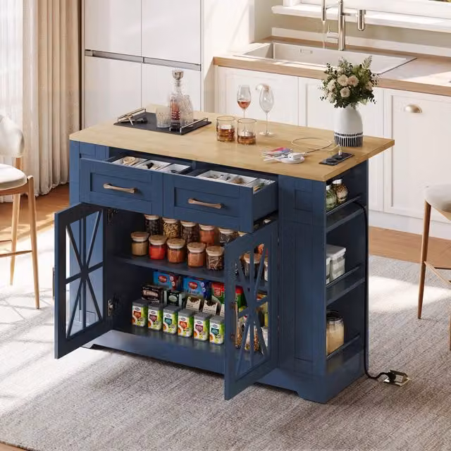 Isola cucina mobile con piano pieghevole 120 x 65 x 92 cm in MDF con ante in vetro