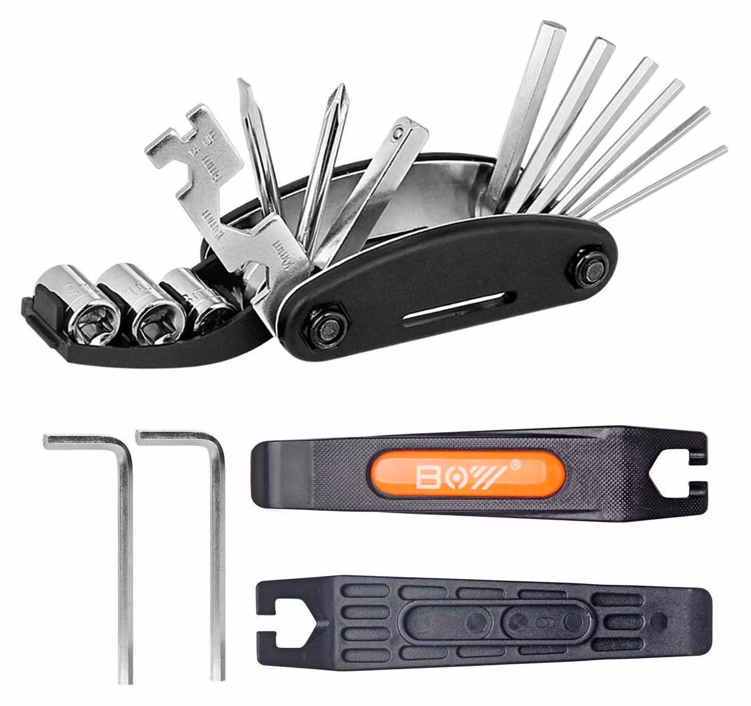 Kit di riparazione per bicicletta, multiasse 16 in 1, nero, in nylon e metallo, adatto per mountain bike, bici da corsa, bici pieghevoli e biciclette per bambini