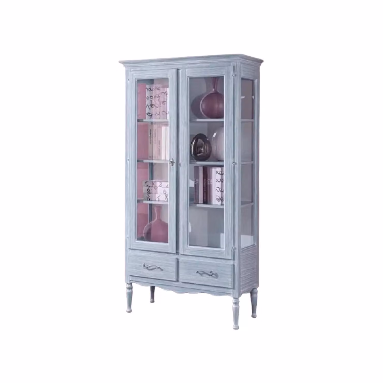 Vetrina Mobili 2G in legno con ante in vetro e 2 cassetti stile shabby chic azzurro L: 102 cm, P: 42 cm, H: 191 cm – 1