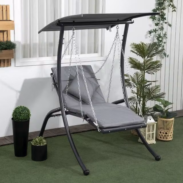 Dondolo da giardino convertibile in lettino con tettuccio inclinabile in acciaio grigio scuro 108 × 145 × 169 cm