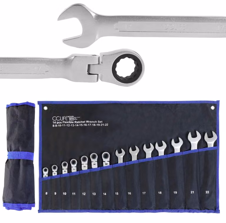 Set di chiavi a cricchetto articolate CCLIFE, 14 pezzi, da 8 a 22 mm, acciaio Cr-V, 72 denti