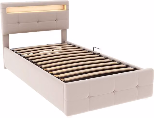 Letto imbottito singolo per bambini 90x200 cm con illuminazione LED, contenitore idraulico e testiera regolabile in velluto beige