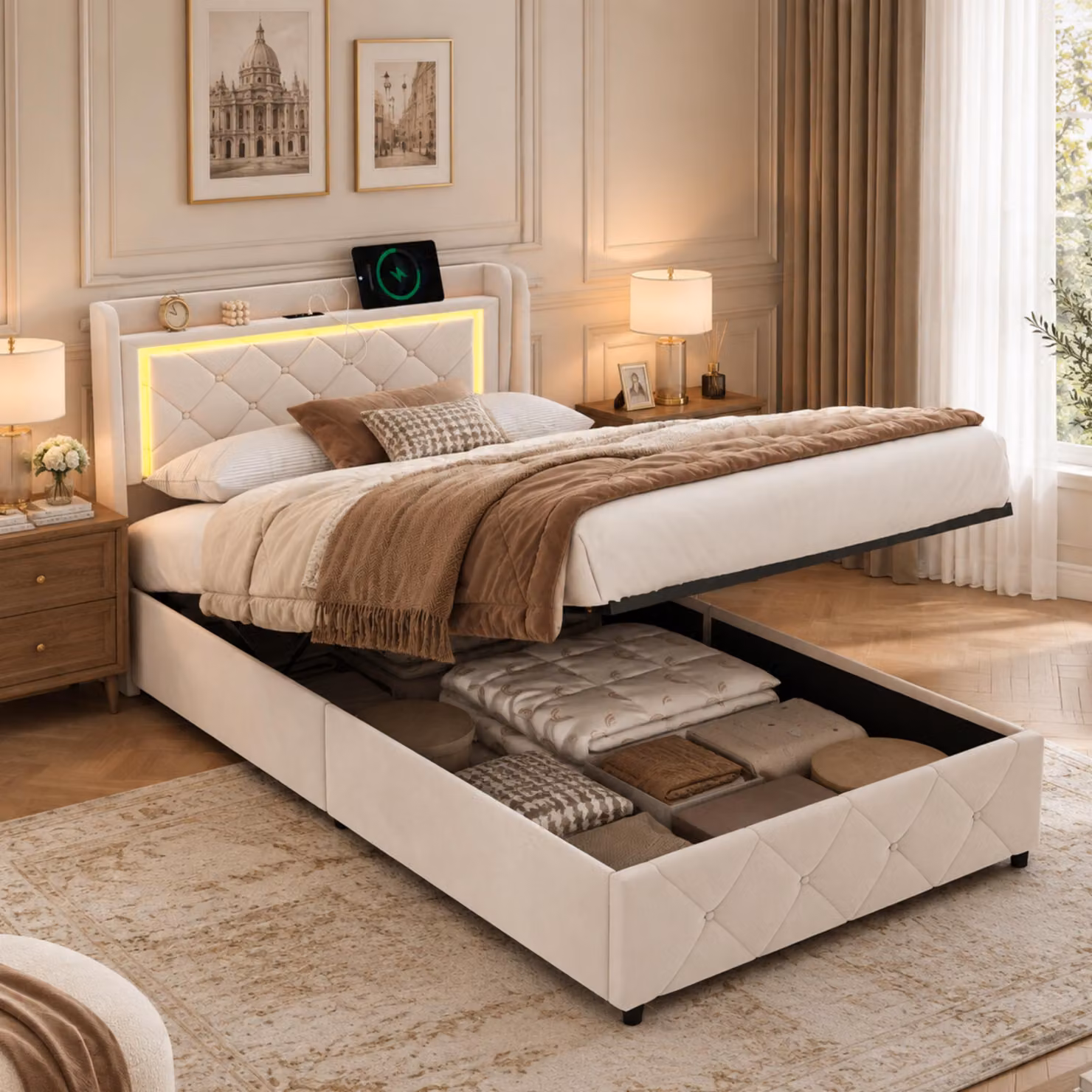 Letto imbottito INONEFT, 90x200 cm, con struttura a molle e testiera idraulica, letto singolo con LED e porta USB, letto per bambini con rete a doghe, rivestito in velluto, colore beige