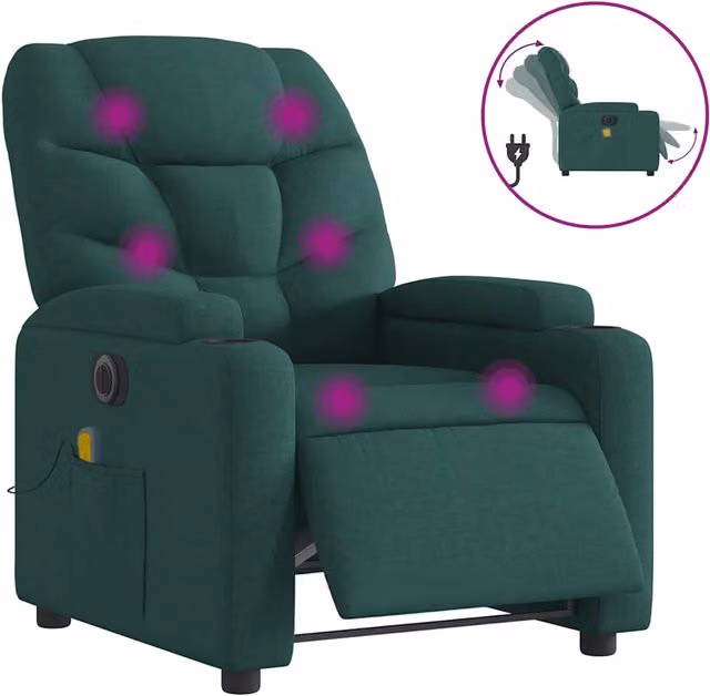 Poltrona Massaggiante | Sedia Relax Reclinabile Elettrica Verde Scuro Tessuto