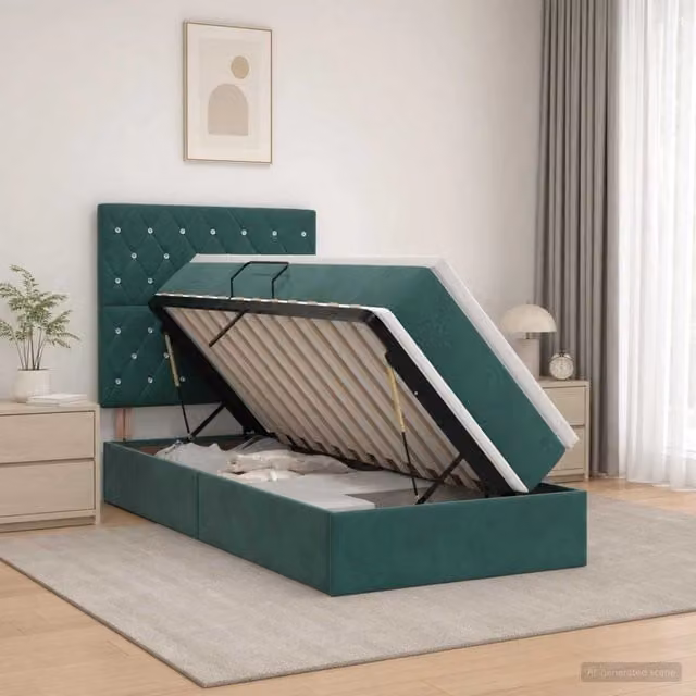 Letto con contenitore vidaXL in velluto verde con base a sollevamento e porte USB L/P/H: 204 x 90 x 140 cm – 1