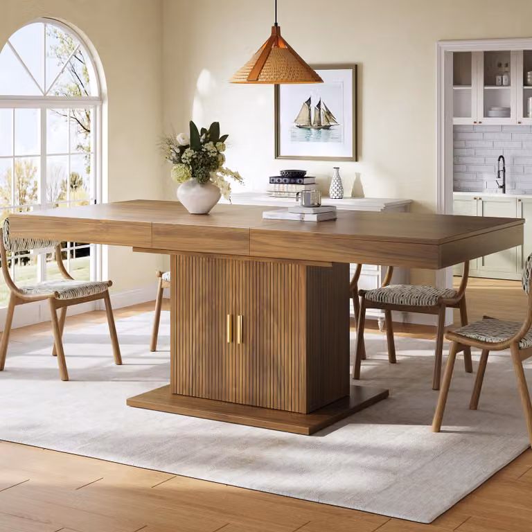 Tavolo allungabile, tavolo da cucina con spazio contenitivo integrato, ante a listelli verticali, ripiani interni estraibili, tavolo da pranzo 140-180 cm, noce