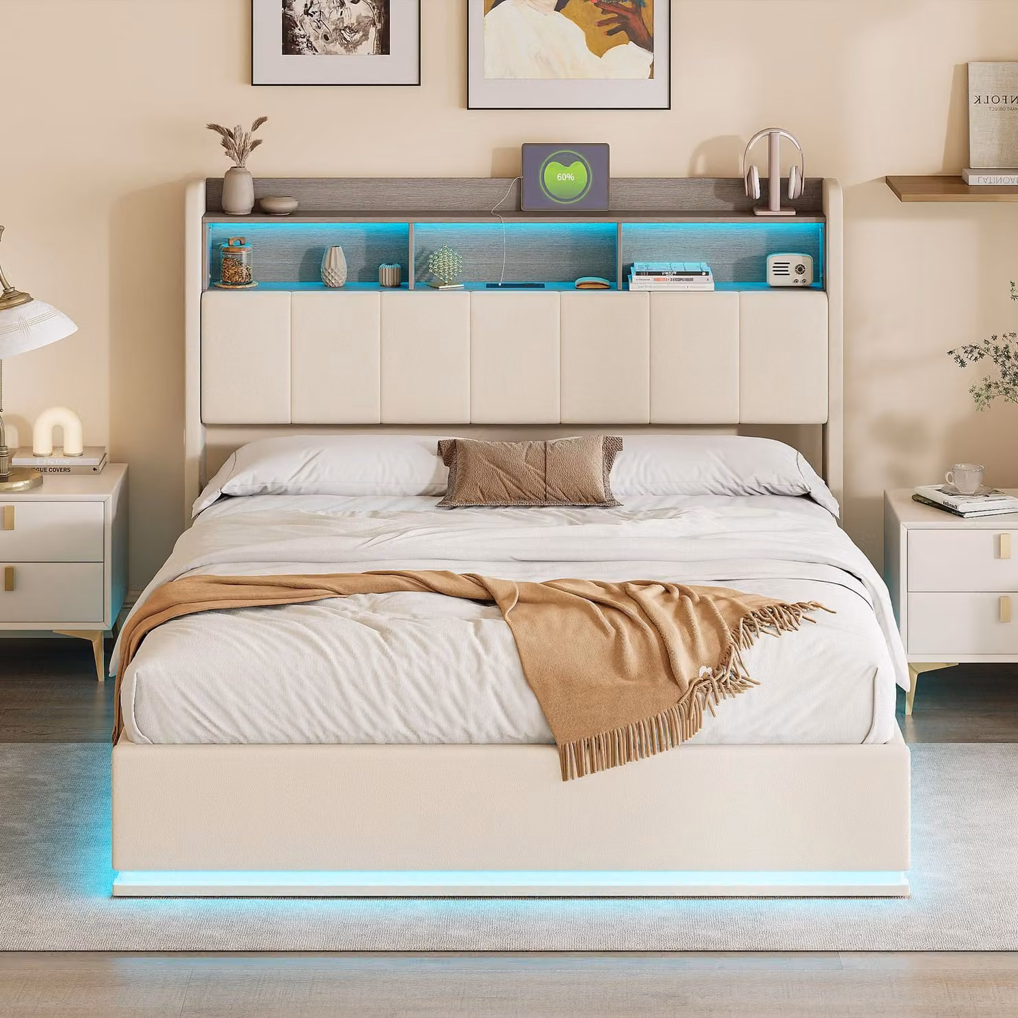 Letto imbottito INONEFT, modello idraulico, dimensioni 140x200 cm, con stazione di ricarica (USB e Type-C), letto per ragazzi con illuminazione LED, letto contenitore a molle, rivestito in velluto, colore beige