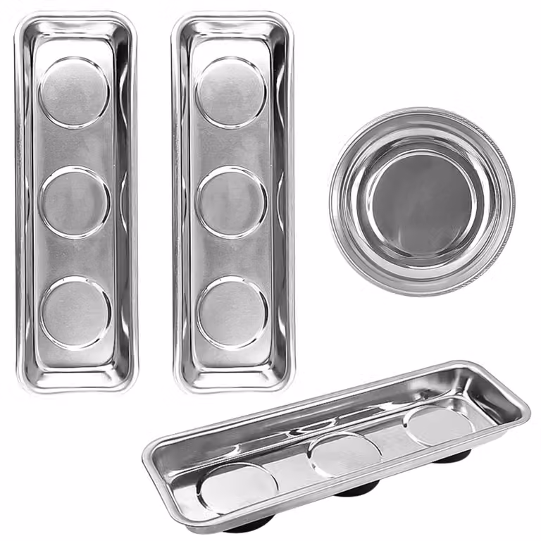 Set di utensili da 3 pezzi, composto da una vaschetta magnetica rettangolare e una vaschetta magnetica rotonda, in acciaio inossidabile, per l'officina