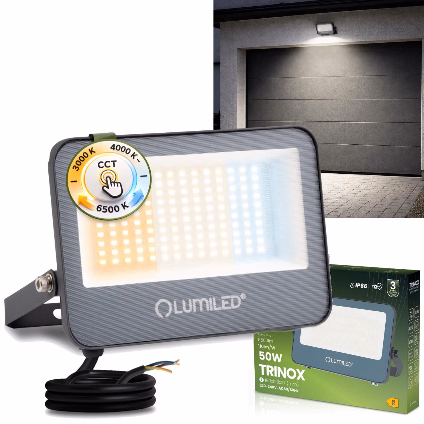 LUMILED Faretto LED per esterni 50W 5500lm CCT 3000K 4000K 6500K IP66 Impermeabile Proiettore per esterni Faretto da giardino Garage Cortile Faretto da parete Alluminio Grigio Faretti Proiettori neri Proiettori