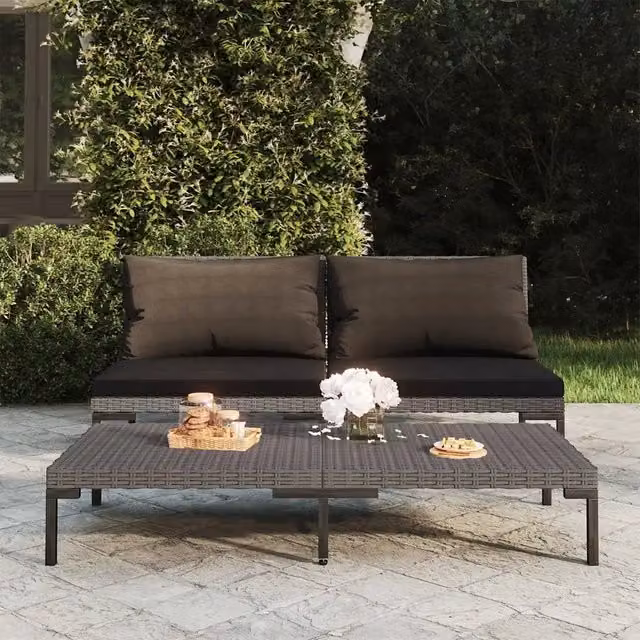 Set di divani da giardino mezzo tondo in polyrattan con cuscini imbottiti e coperture rimovibili, colore grigio e nero