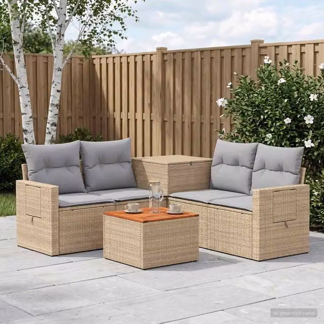 Set di divani da giardino vidaXL in polyrattan con tavolo da caffè e pouf, 6 pezzi, Beige e Grigio – 1