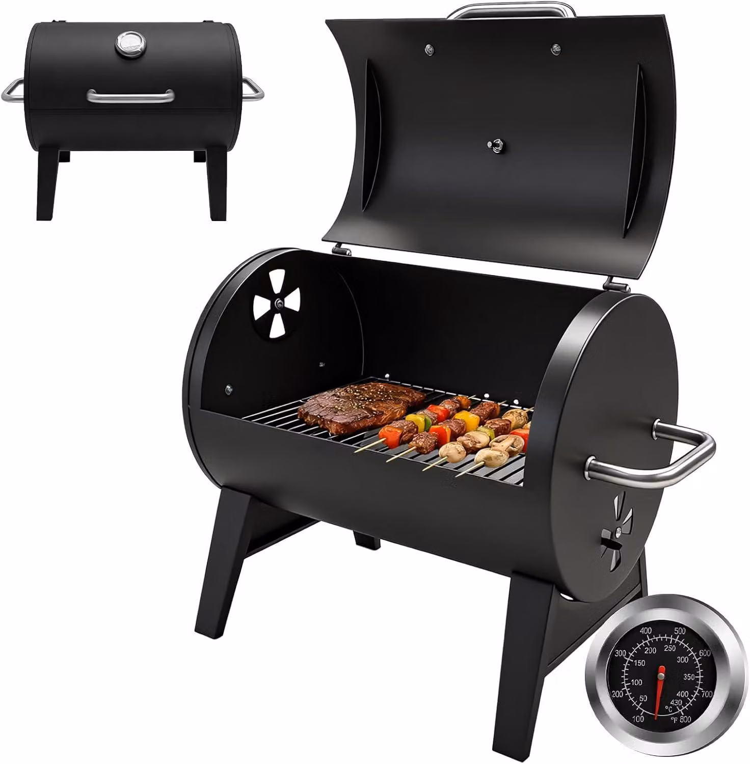 Barbecue a carbone con termometro integrato, dimensioni 43 x 32 cm, ideale per campeggio, giardino e barbecue