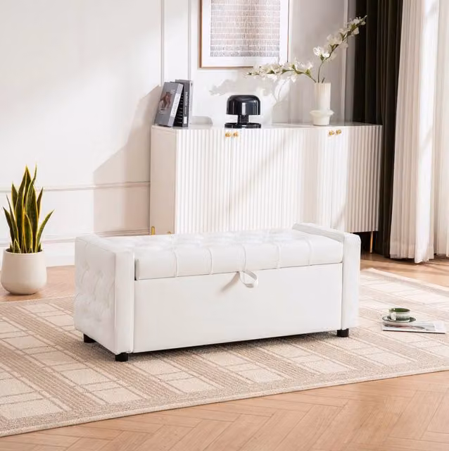 Panca contenitore ULEVR 122x45x47 cm imbottita con vano nascosto, bianca, per camera da letto e ingresso
