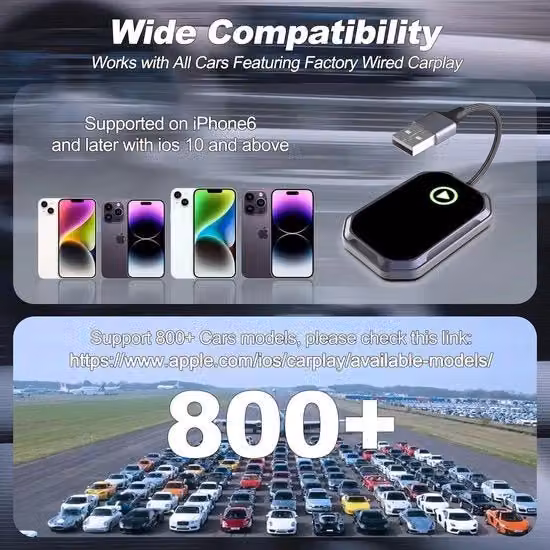 Adattatore Carlinkit per Apple CarPlay senza fili con Wi-Fi e Bluetooth, Nero