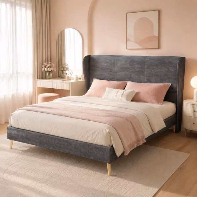 Letto matrimoniale 140x200 cm con testiera imbottita in tessuto grigio e struttura in metallo