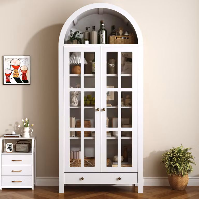 Mobiletto alto curvo con ripiani multipli e cassetto, mobili alti con ripiani regolabili in altezza, credenza, colore bianco