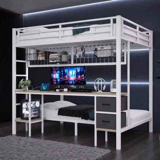 Letto a castello 90x200/140x200 cm bianco – scrivania e LED, senza materasso