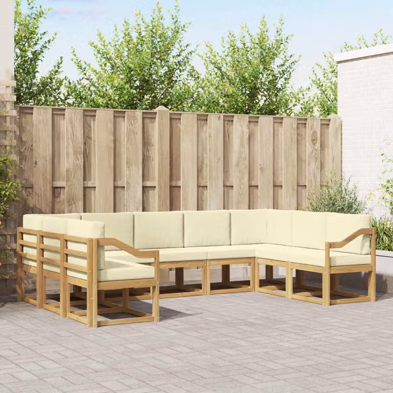 vidaXL Set di divani da esterno a L in legno di acacia con cuscini, Bianco e Beige