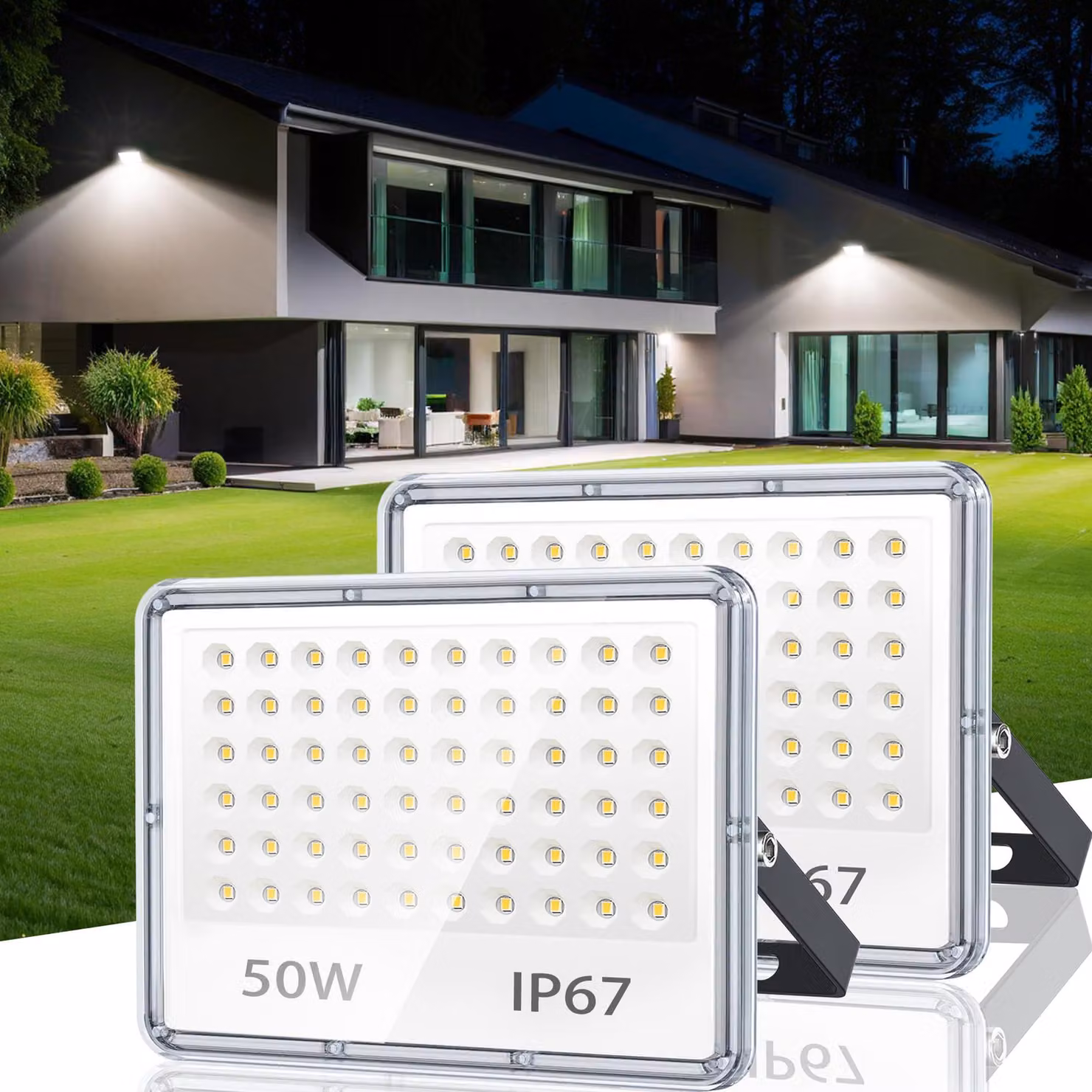 Faretto LED da cantiere, 50 W, 5000 lumen, grado di protezione IP67, temperatura di colore 6500 K, confezione da 2 pezzi.