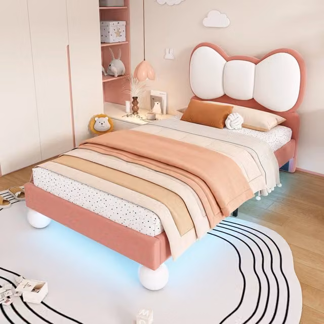 Letto singolo per bambini REDOM in velluto beige e rosa con struttura imbottita L/P/H: 208 x 90 x 94,5 cm – 1