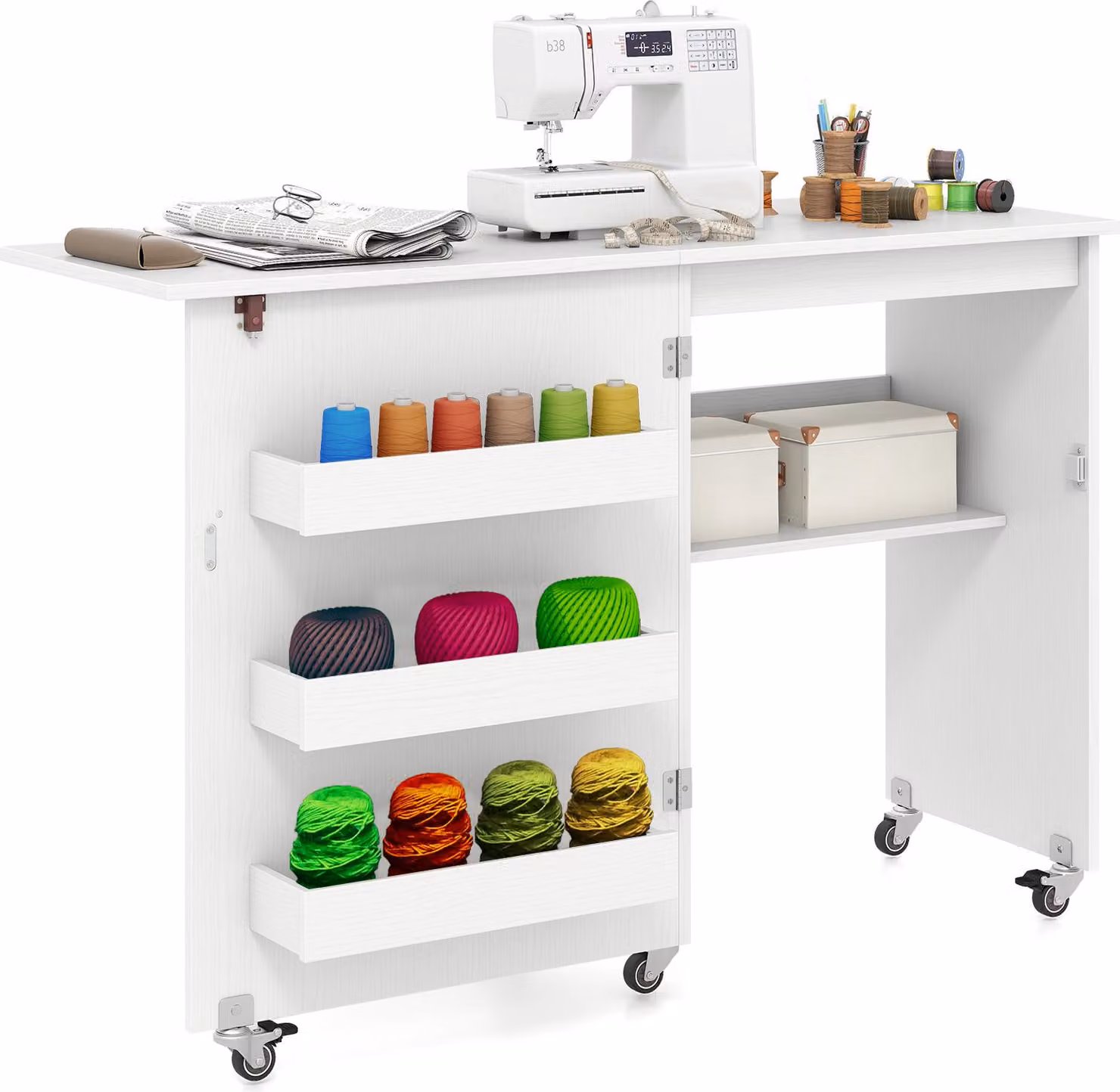 COSTWAY Tavolo da cucito pieghevole 2 in 1, mobile in legno per macchine da cucire con ripiani, vano portaoggetti e ruote bloccabili, mobile da cucito, tavolo per macchine da cucire bianco