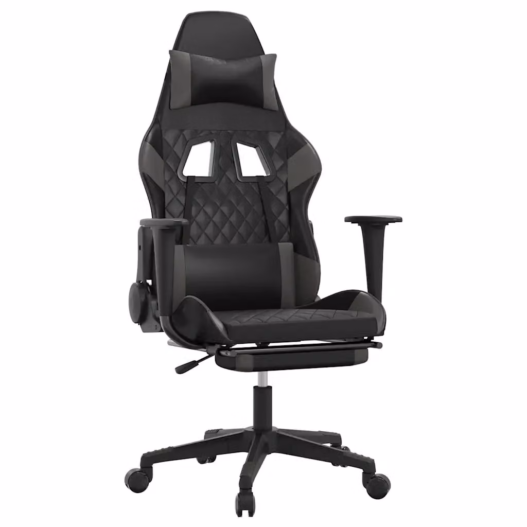 Sedia da Gaming vidaXL con Poggiatesta e Poggiapiedi, Rivestimento in Similpelle Nero e Grigio, Ruote e Braccioli, Regolabile in Altezza e Girevole a 360 Gradi – 2