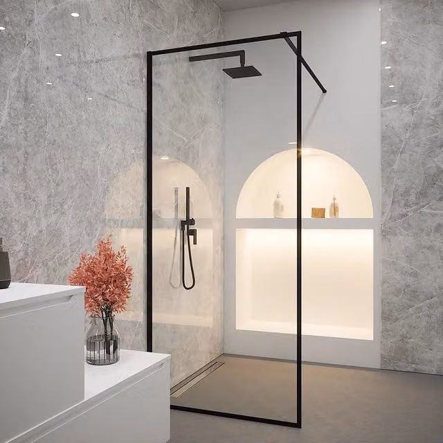 Doccia walk-in Rodi con vetro trasparente e profili neri, L: 120 cm, P: 70 cm, H: 80 cm – 1